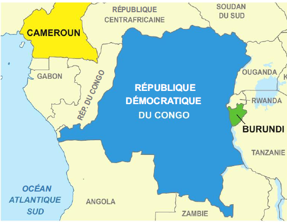 Carte d'Afrique centrale montrant le Cameroun, la République démocratique du Congo et le Burundi.